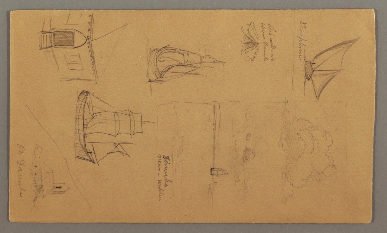 Tegning, bådstudier, skystudie, to bygninger, muligvis 1868 af Frederic Edwin Church