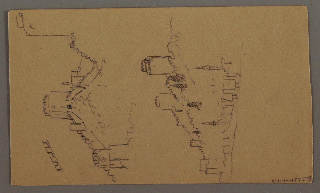 Tegning, bådstudier, skystudie, to bygninger, muligvis 1868 af Frederic Edwin Church