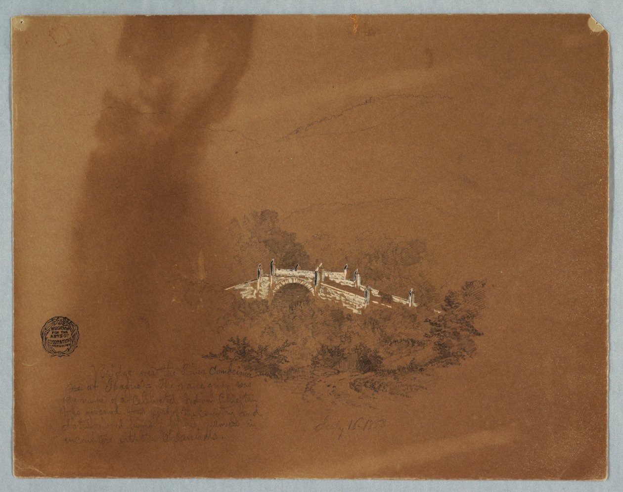 Tegning, bro over floden Combeima ved Ibaque, Colombia, 16. juli 1853 af Frederic Edwin Church