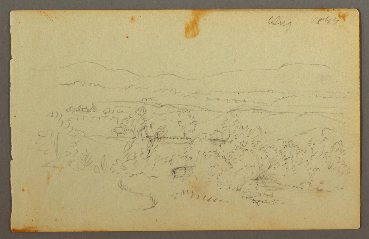 Tegning, Bred dal med gårde, 1844 af Frederic Edwin Church