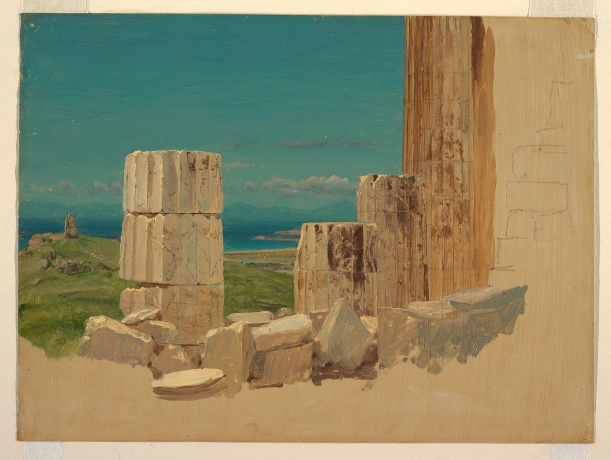 Tegning, knækkede søjler, udsigt fra Parthenon, Athen, april 1869 af Frederic Edwin Church