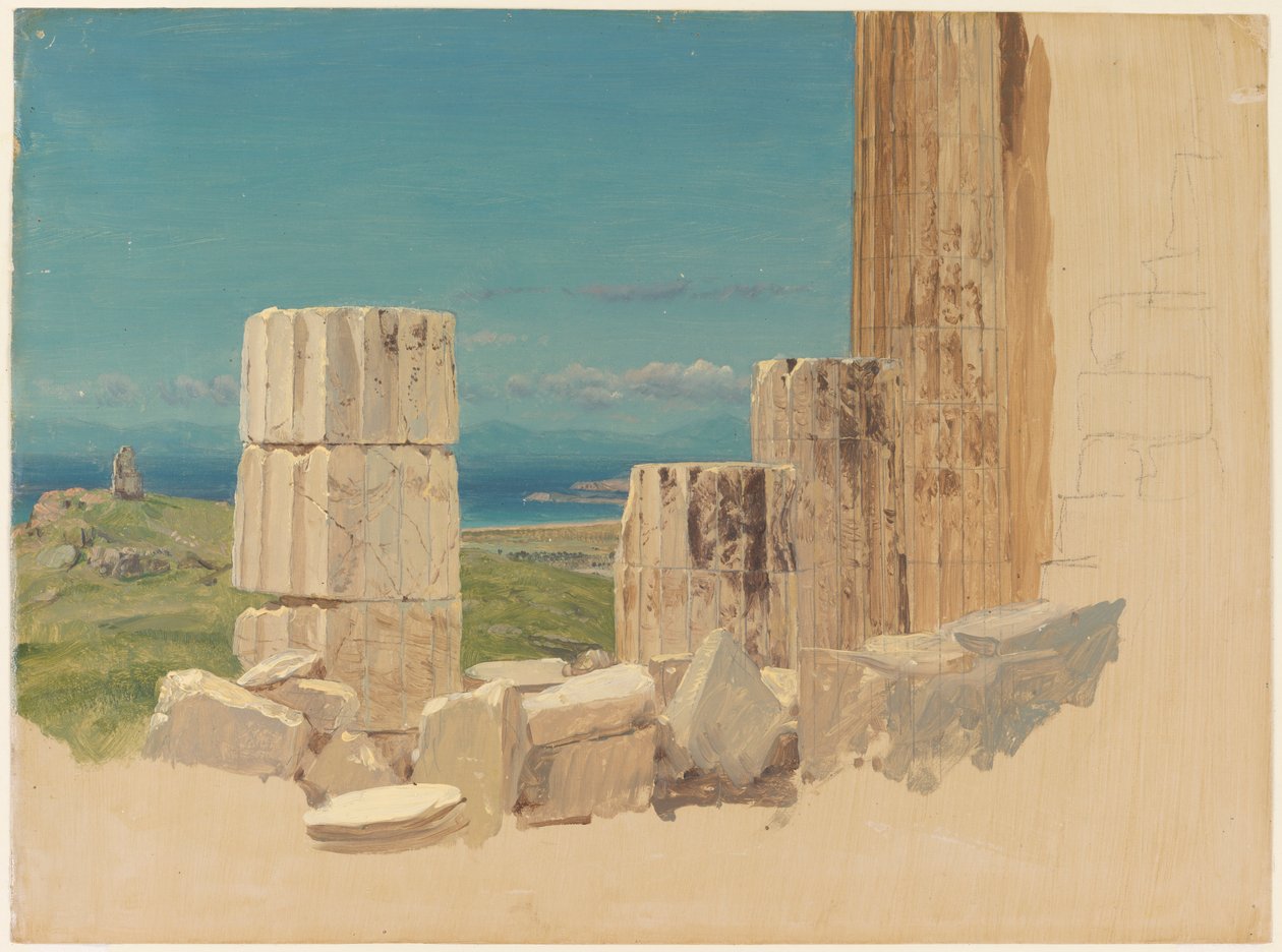 Tegning, knækkede søjler, udsigt fra Parthenon, Athen, april 1869 af Frederic Edwin Church