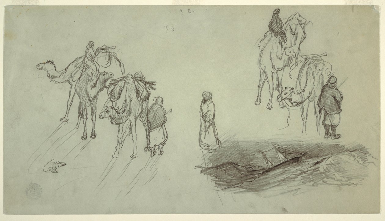 Tegning, Kameler og ryttere; Sailbo, 1868 af Frederic Edwin Church