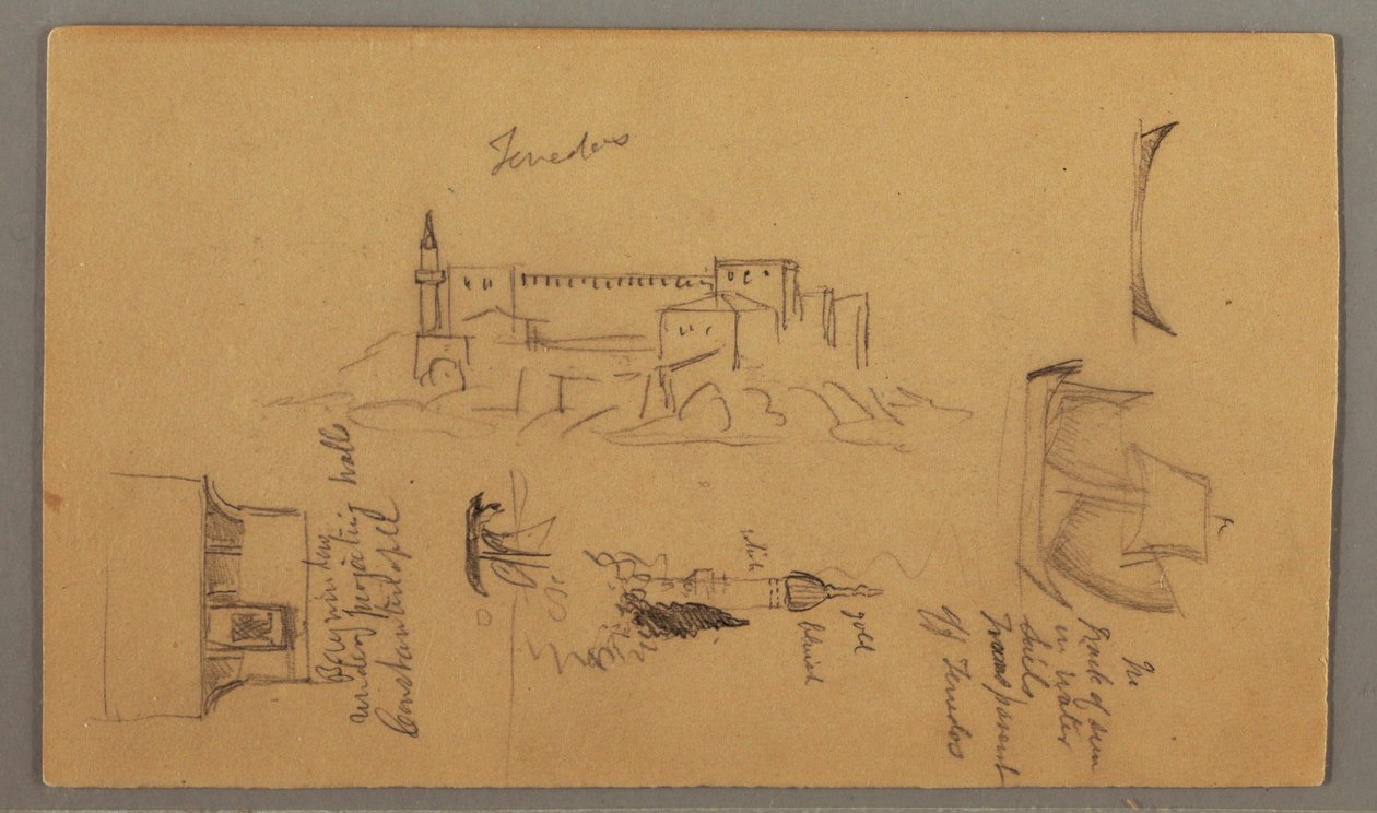 Tegning, slot, minaret, sejlbåde, hus, maj 1868 af Frederic Edwin Church
