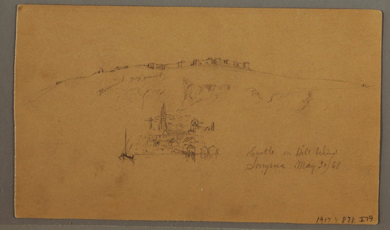 Tegning, slot, minaret, sejlbåde, hus, maj 1868 af Frederic Edwin Church
