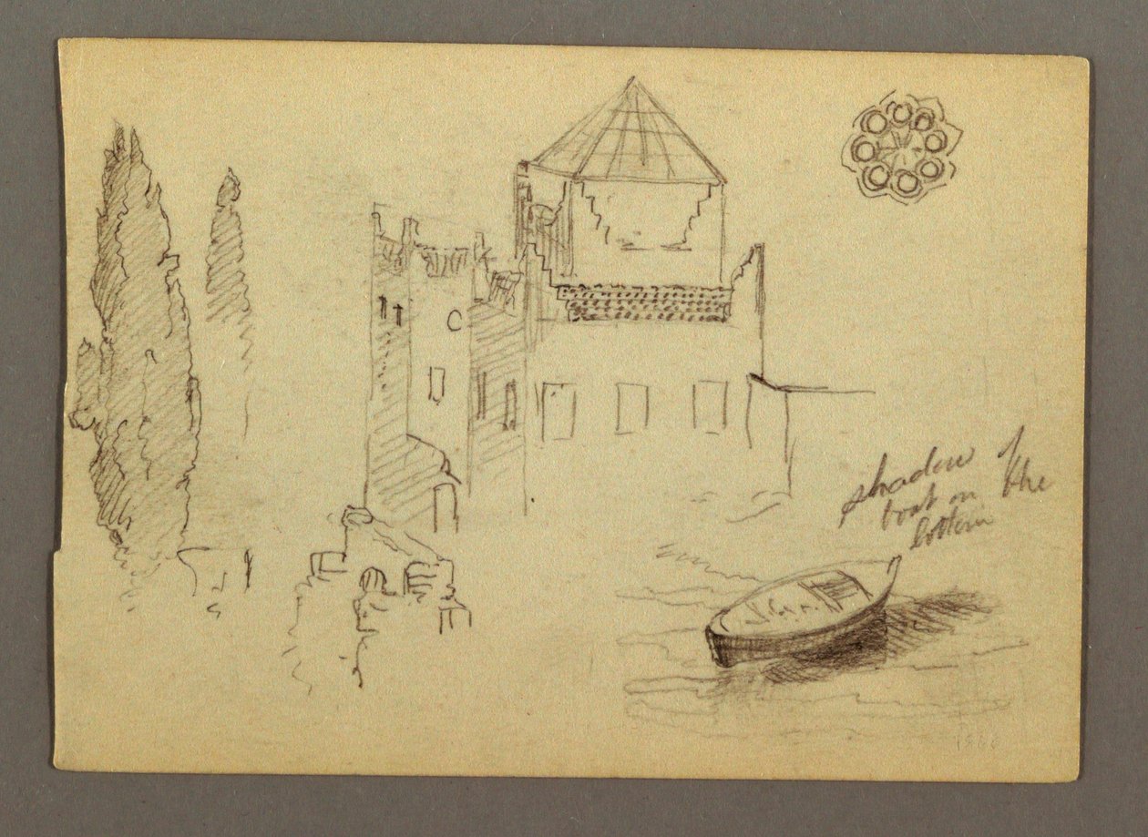 Tegning, Slot ved vand, båd, træer, muligvis 1868 af Frederic Edwin Church