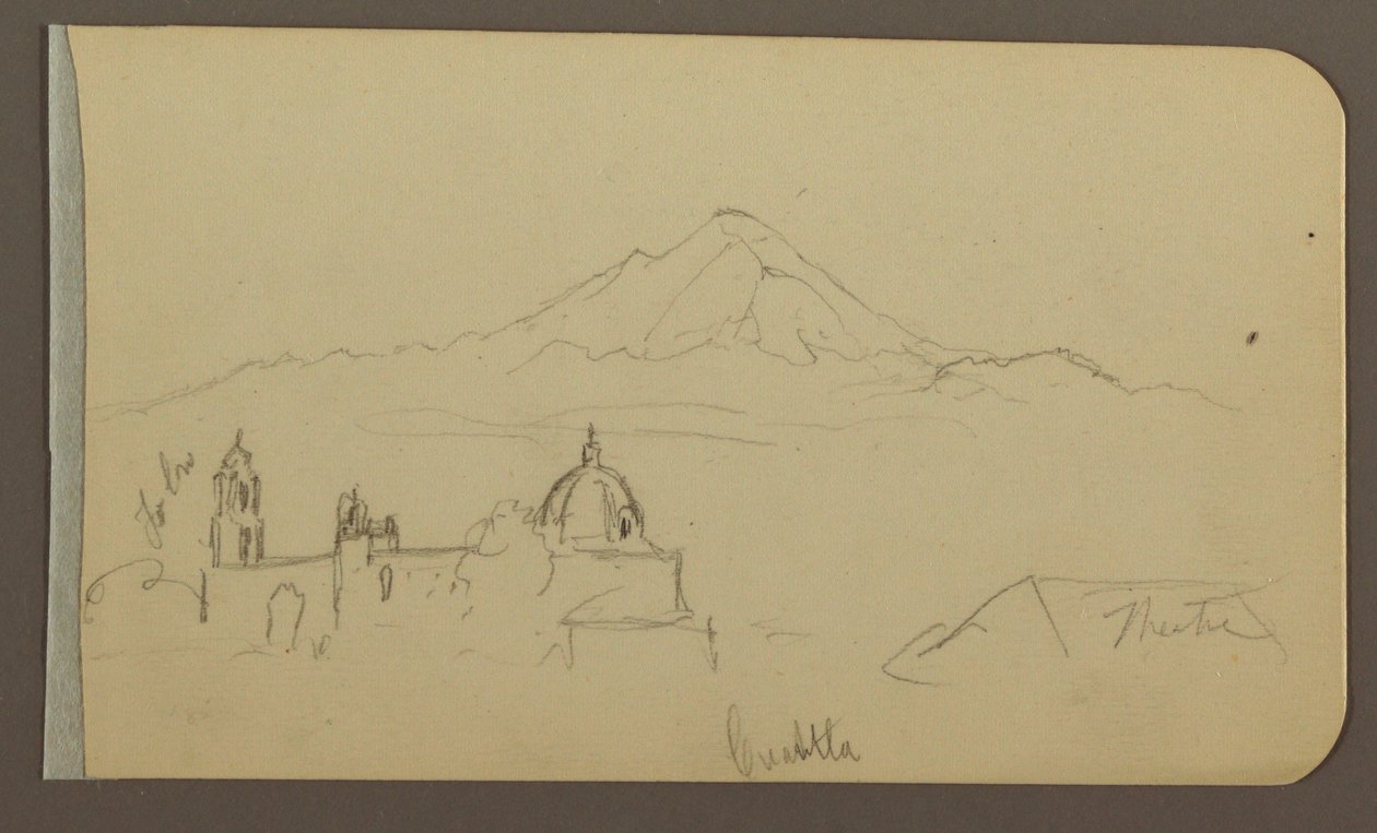 Tegning, katedral, bjerg, Cuautla; bagside: Hus, kirke, træ Cuautla, februar 1885 af Frederic Edwin Church