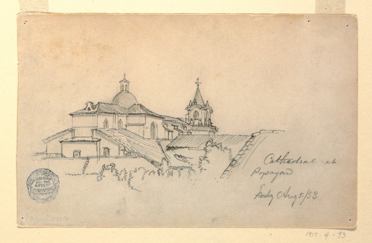 Tegning, katedralen i Popayan, Columbia, 5. august 1853 af Frederic Edwin Church