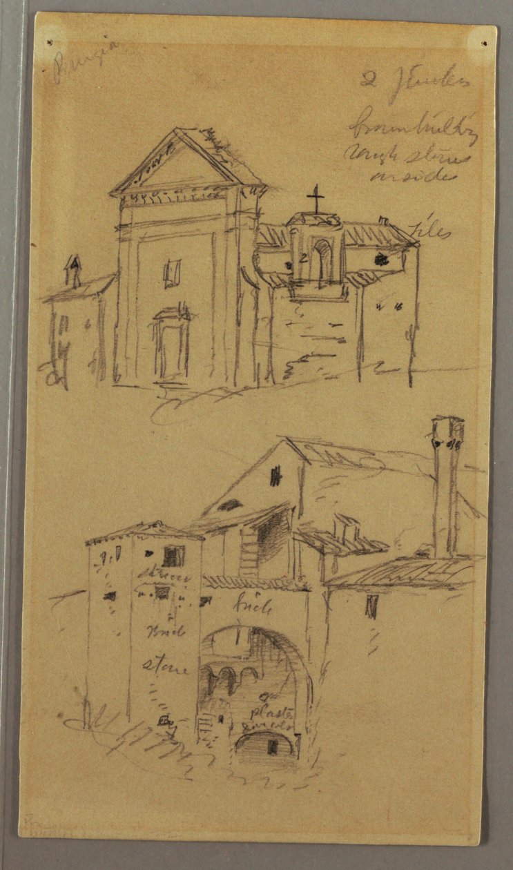 Tegning, Kirke, bygning, overdækket bro, muligvis 1868-69 af Frederic Edwin Church
