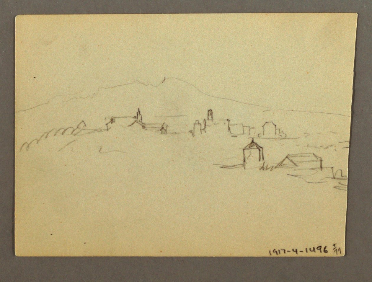 Tegning, Kirketårn og tilstødende bygninger, muligvis 1868-69 af Frederic Edwin Church