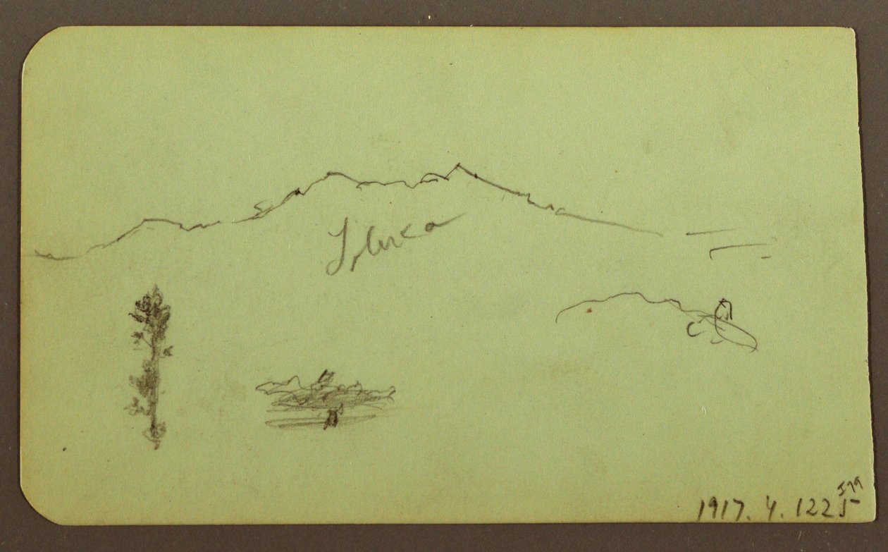 Tegning, kirke; bagside: Bjerglandskab, "Taluca", 1883 af Frederic Edwin Church