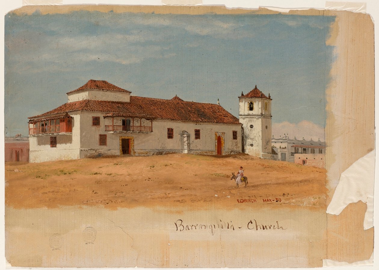 Tegning, kirke i Barranquilla, Colombia, maj 1853 af Frederic Edwin Church