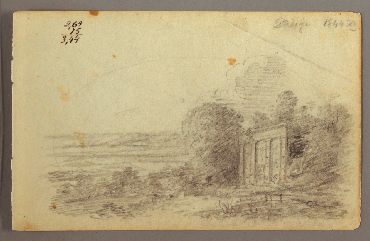 Tegning, klassisk ruin, træer, 1844 af Frederic Edwin Church