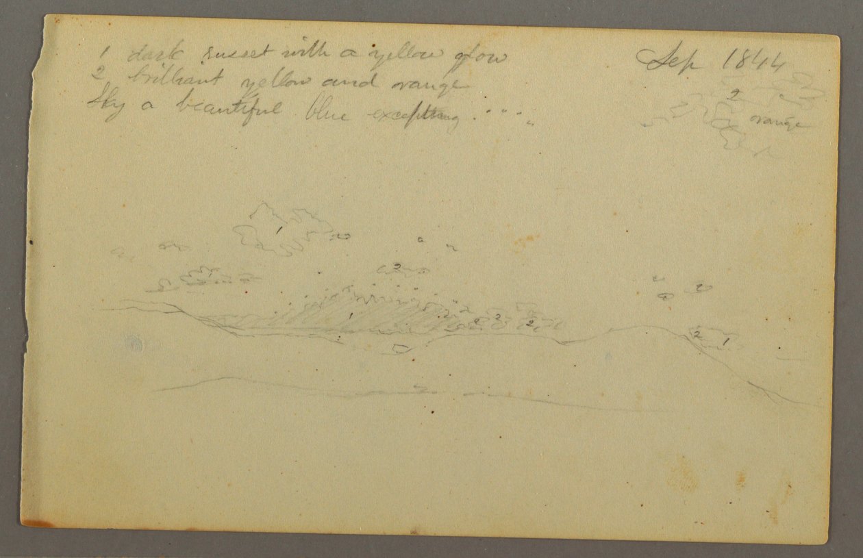 Tegning, studie af skyer, bjergside, 1844 af Frederic Edwin Church