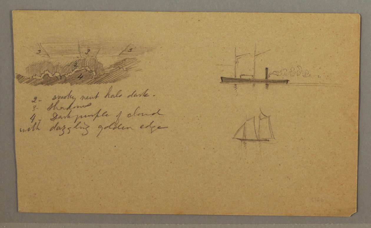 Tegning, skystudie, dampskib, sejlbåd, muligvis 1865-66 af Frederic Edwin Church