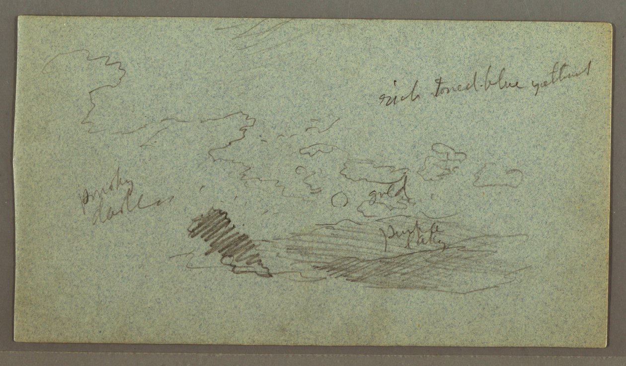 Tegning, Skyer over bjergkæde, lav sol, muligvis 1874 af Frederic Edwin Church
