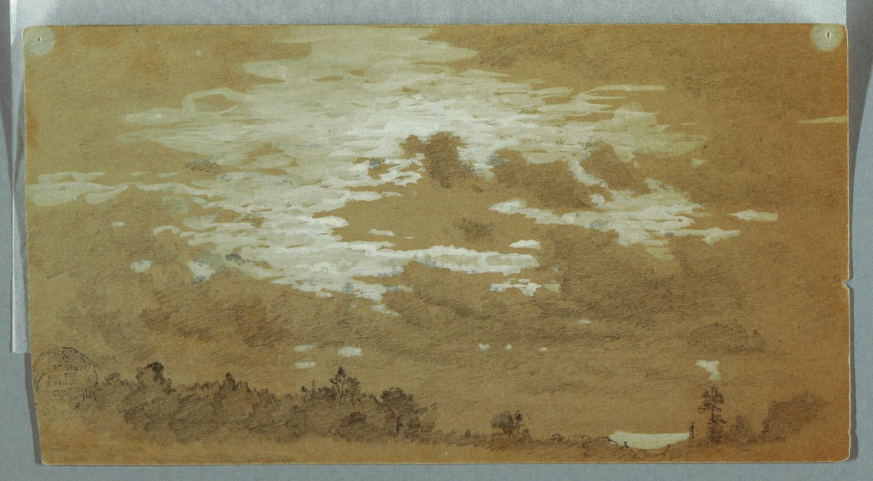 Tegning, Skyet himmel over en skovklædt højderyg, Niagara, muligvis 1858 af Frederic Edwin Church
