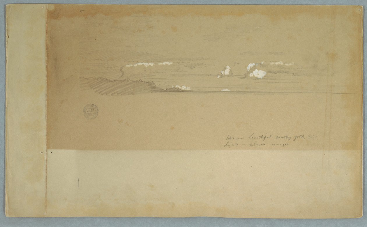 Tegning, Skyet himmel over bakket og skovklædt slot, muligvis 1857 af Frederic Edwin Church