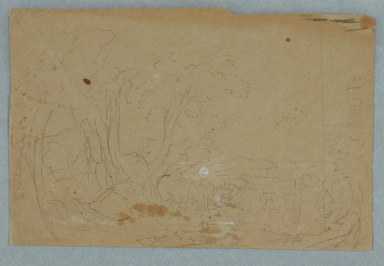 Tegning, Skyet himmel over bakket landskab; bagside: Fuldmåne spejlet i en bæk, 1845-50 af Frederic Edwin Church