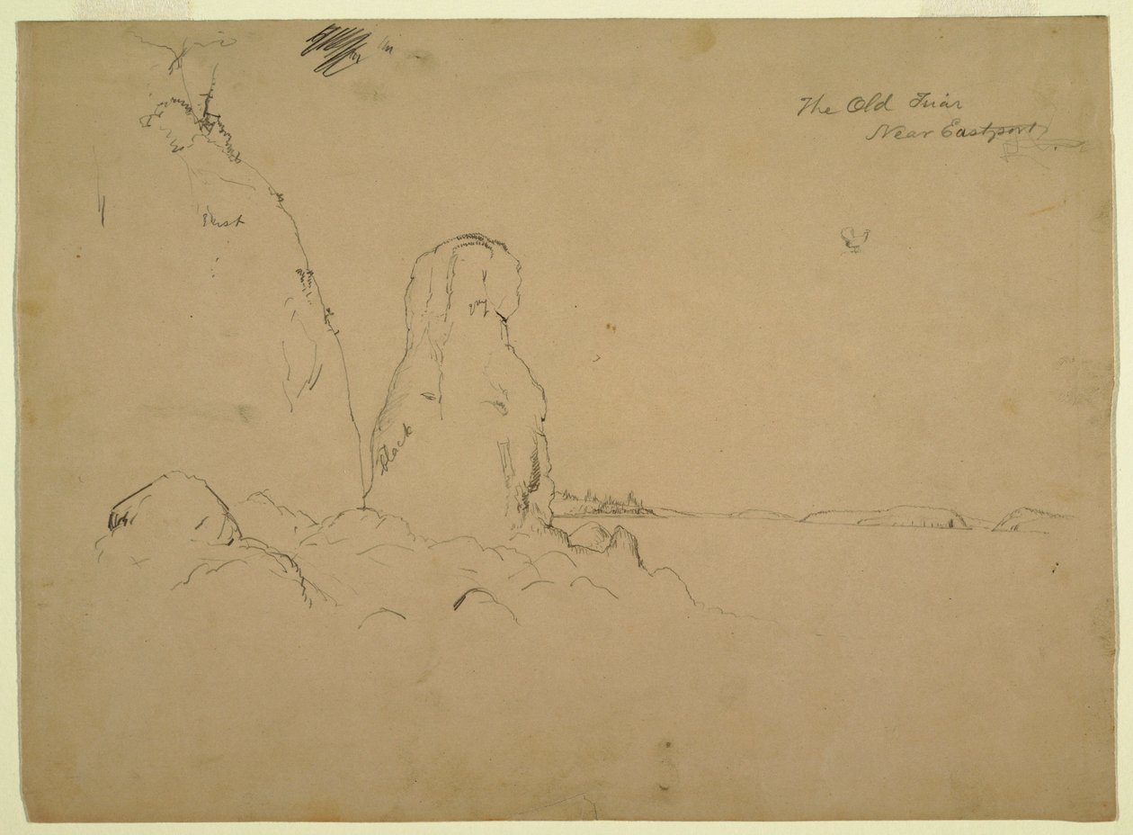 Tegning, kyst med "The Old Friar Neaer Eastport", ca. 1851 af Frederic Edwin Church