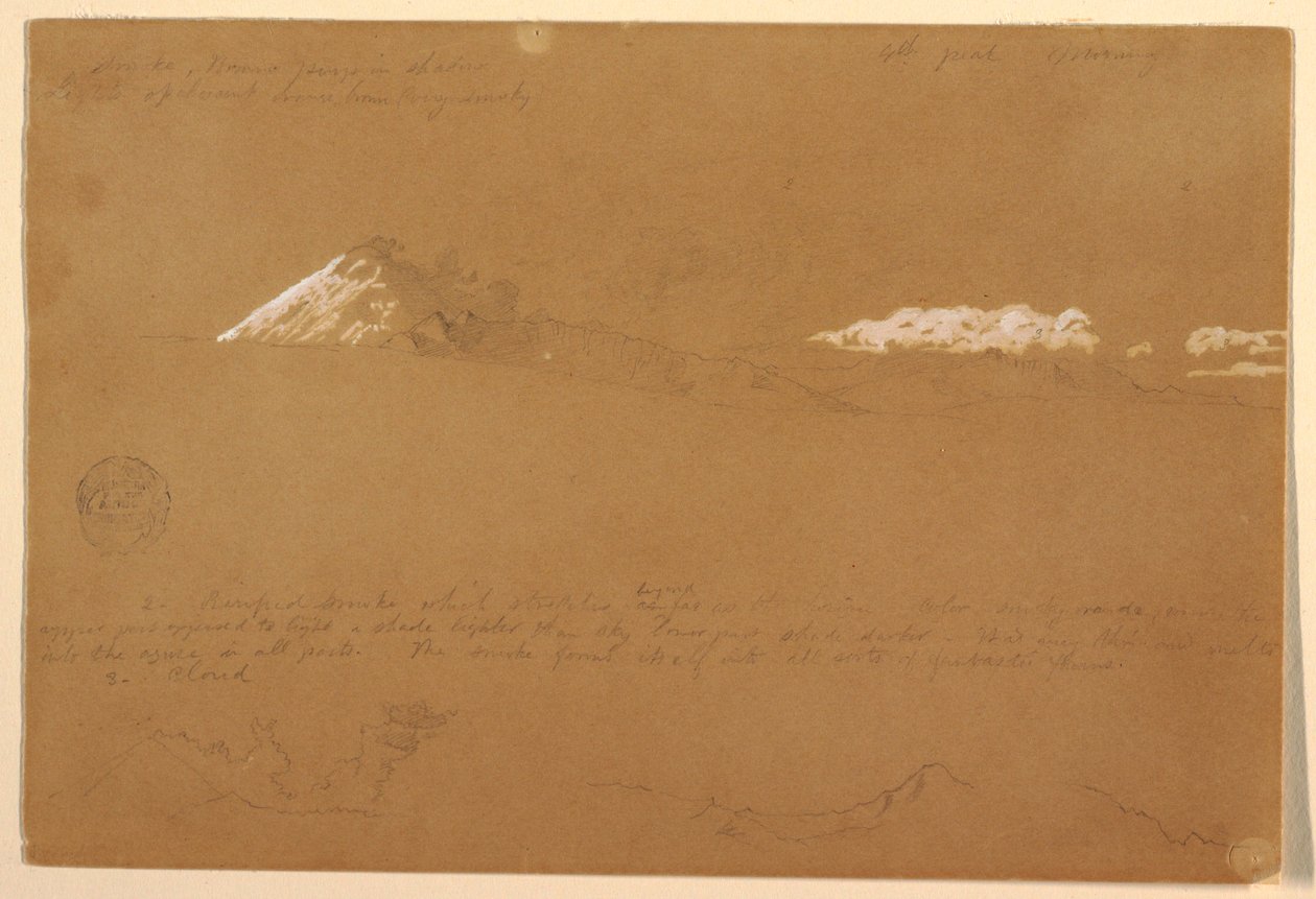 Tegning, Cotapaxi, morgen, fra Solens Tempel, Quito, Ecuador, 24. juni 1857 af Frederic Edwin Church