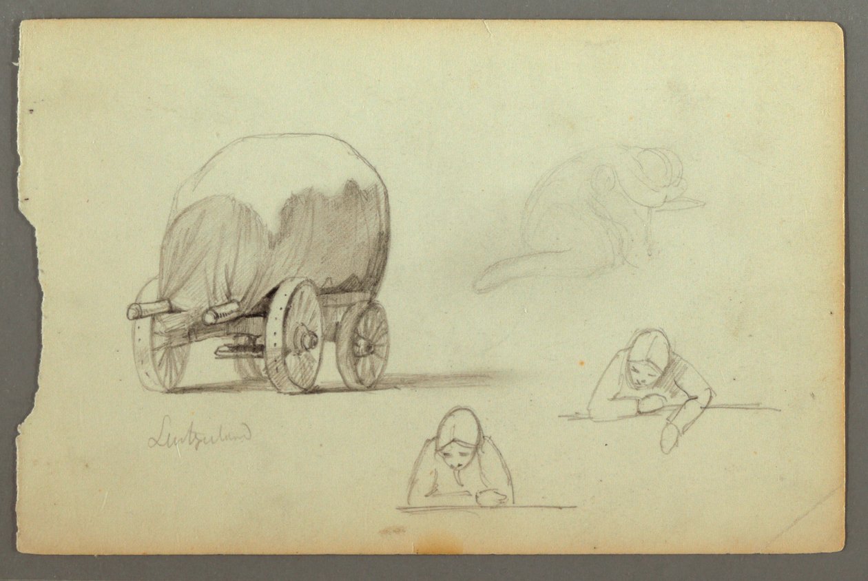 Tegning, Dækket vogn, Tre studier af en kvinde, muligvis 1868 af Frederic Edwin Church
