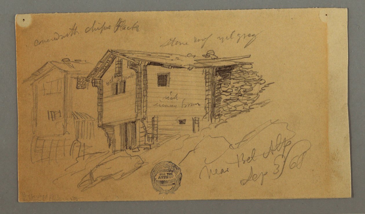 Tegning, detaljer af bjerghytter, huse og en klippe, Berner Alperne, Schweiz, 3. september 1868 af Frederic Edwin Church