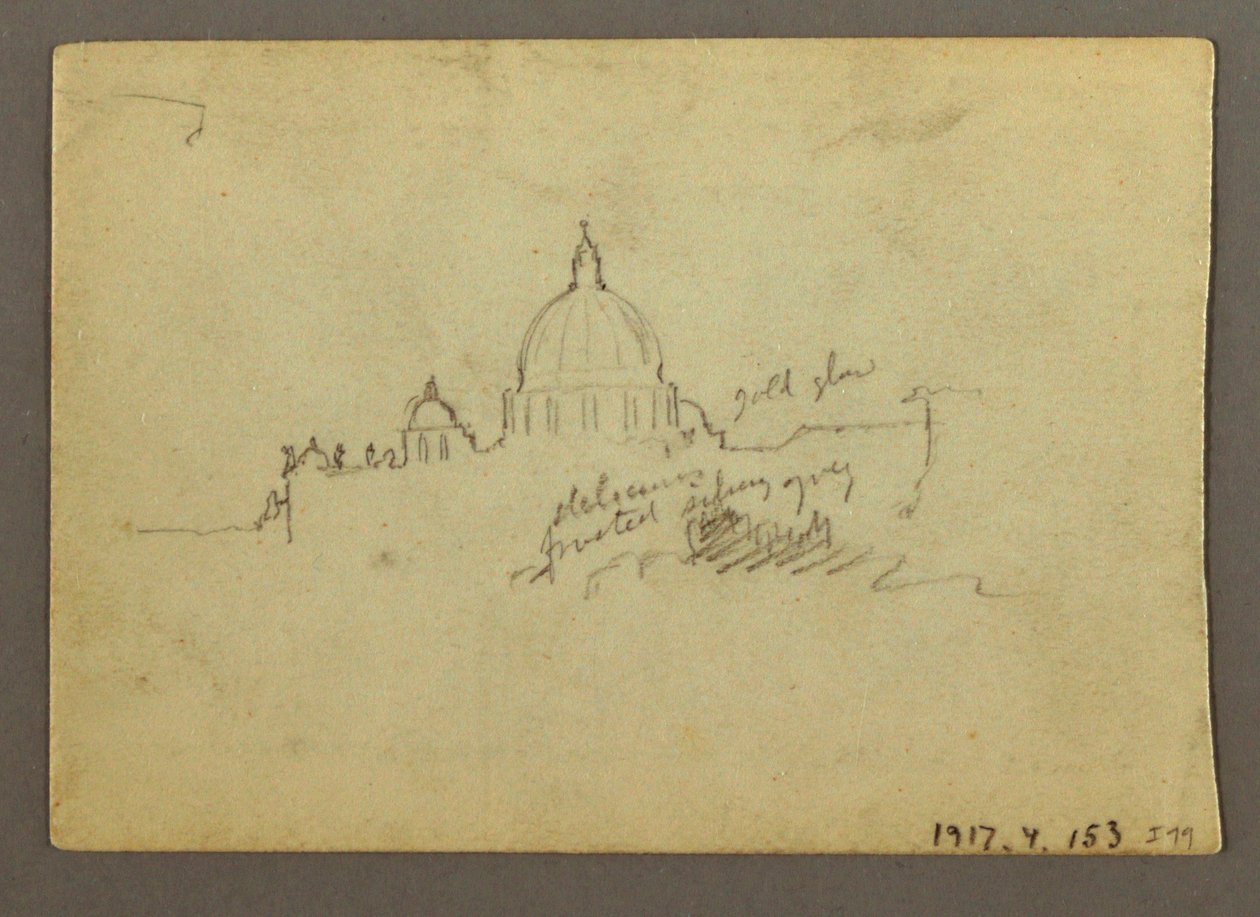 Tegning, fjernt syn af Peterskirkens kuppel, Rom, Italien, januar 1869 af Frederic Edwin Church