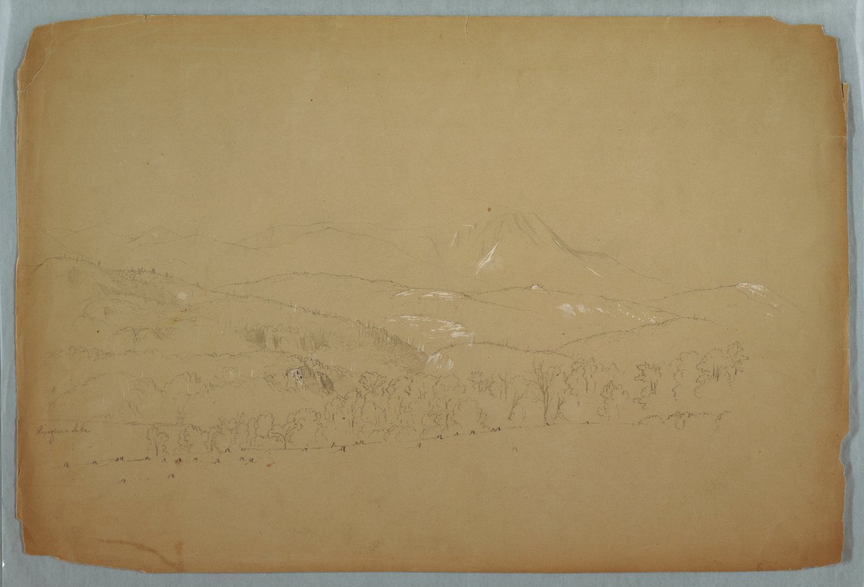 Tegning, fjern udsigt over Katahdin set fra vest, ca. 1856 af Frederic Edwin Church