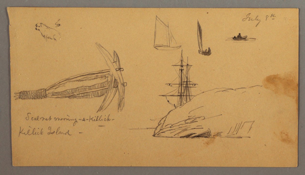 Tegning, Hund, sejlbådsstudier, anker, klipper, muligvis 8. juli 1859 af Frederic Edwin Church