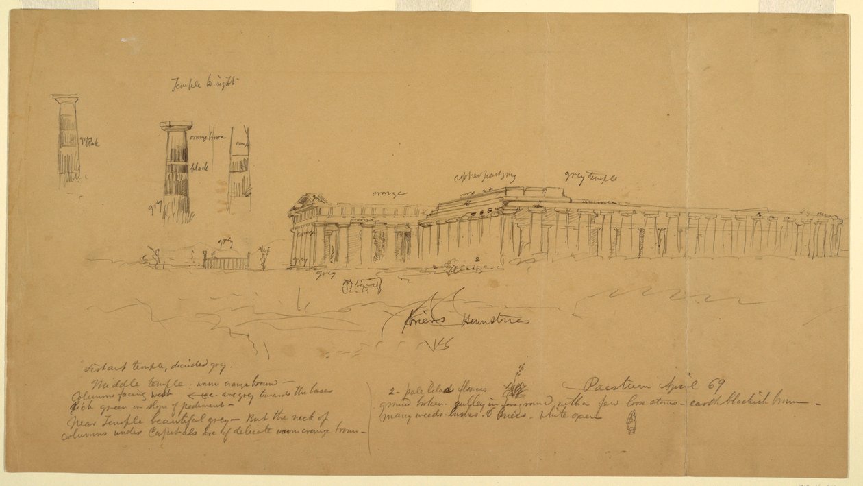 Tegning, doriske græske templer for Athena (tidligere Ceres), Hera II (tidligere Neptun) og Hera I (tidligere Basilika), Paestum, Salerno, Italien, april 1869 af Frederic Edwin Church
