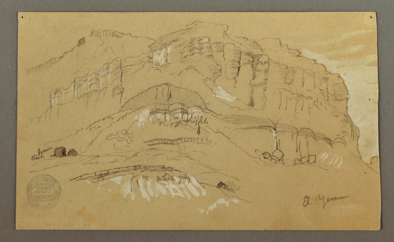 Tegning, El Yemen-dalen, Arabien:  Klippevæg, 20. februar 1868 af Frederic Edwin Church
