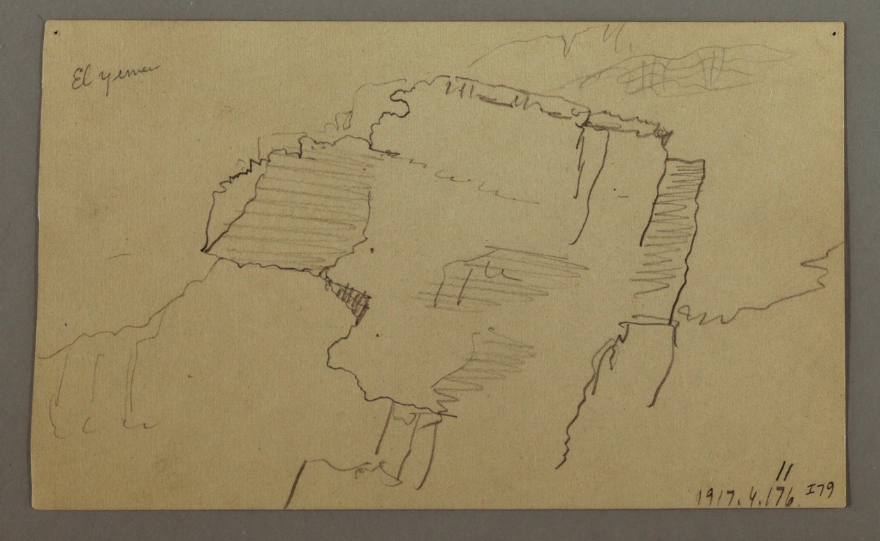 Tegning, El Yemen-dalen, Arabien:  Klippevæg, 20. februar 1868 af Frederic Edwin Church