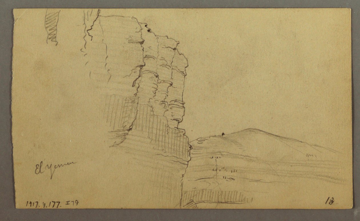 Tegning, El Yemen-dalen, Arabien: Klippevæg med den øverste del, der ligner en række søjler, 20. februar 1868 af Frederic Edwin Church