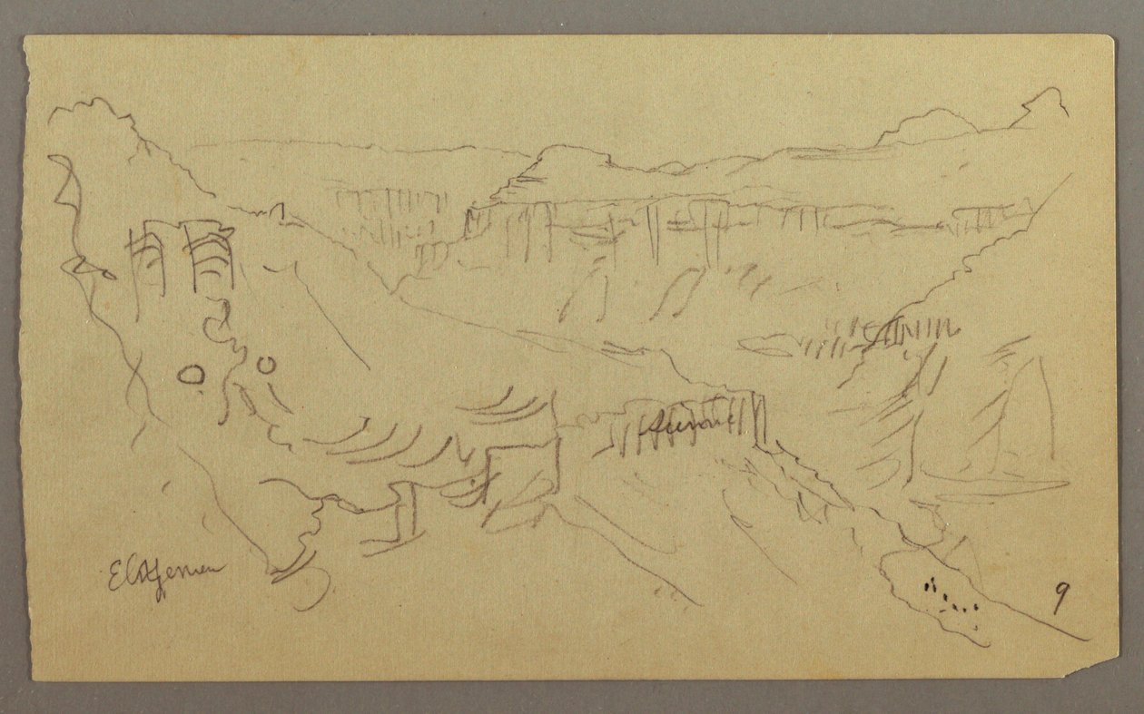 Tegning, El Yemen-dalen, Arabien: Udsigt over en snoet dal med en karavane, 20. februar 1868 af Frederic Edwin Church