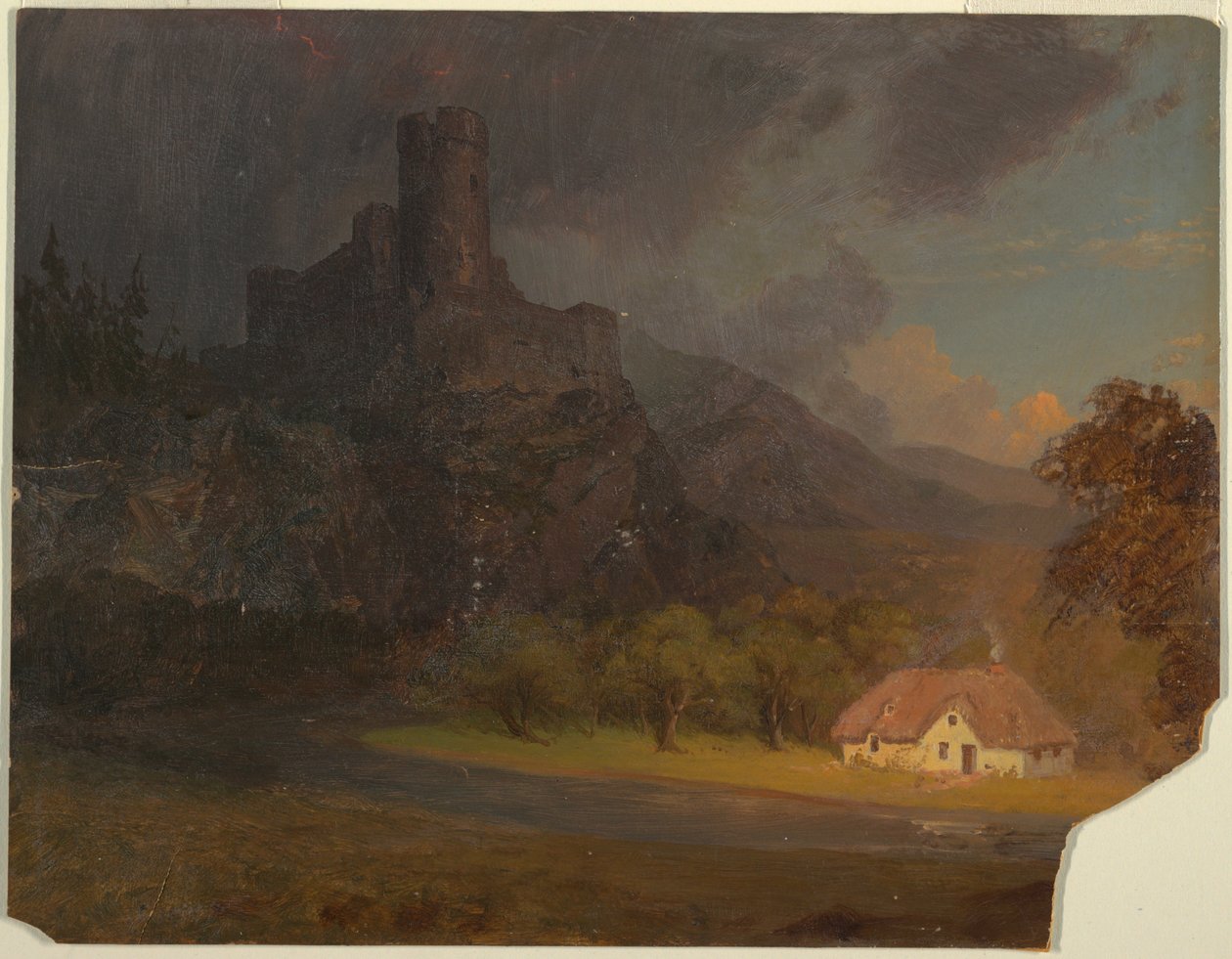 Tegning, engelsk slot og hytte, ca. 1844 af Frederic Edwin Church