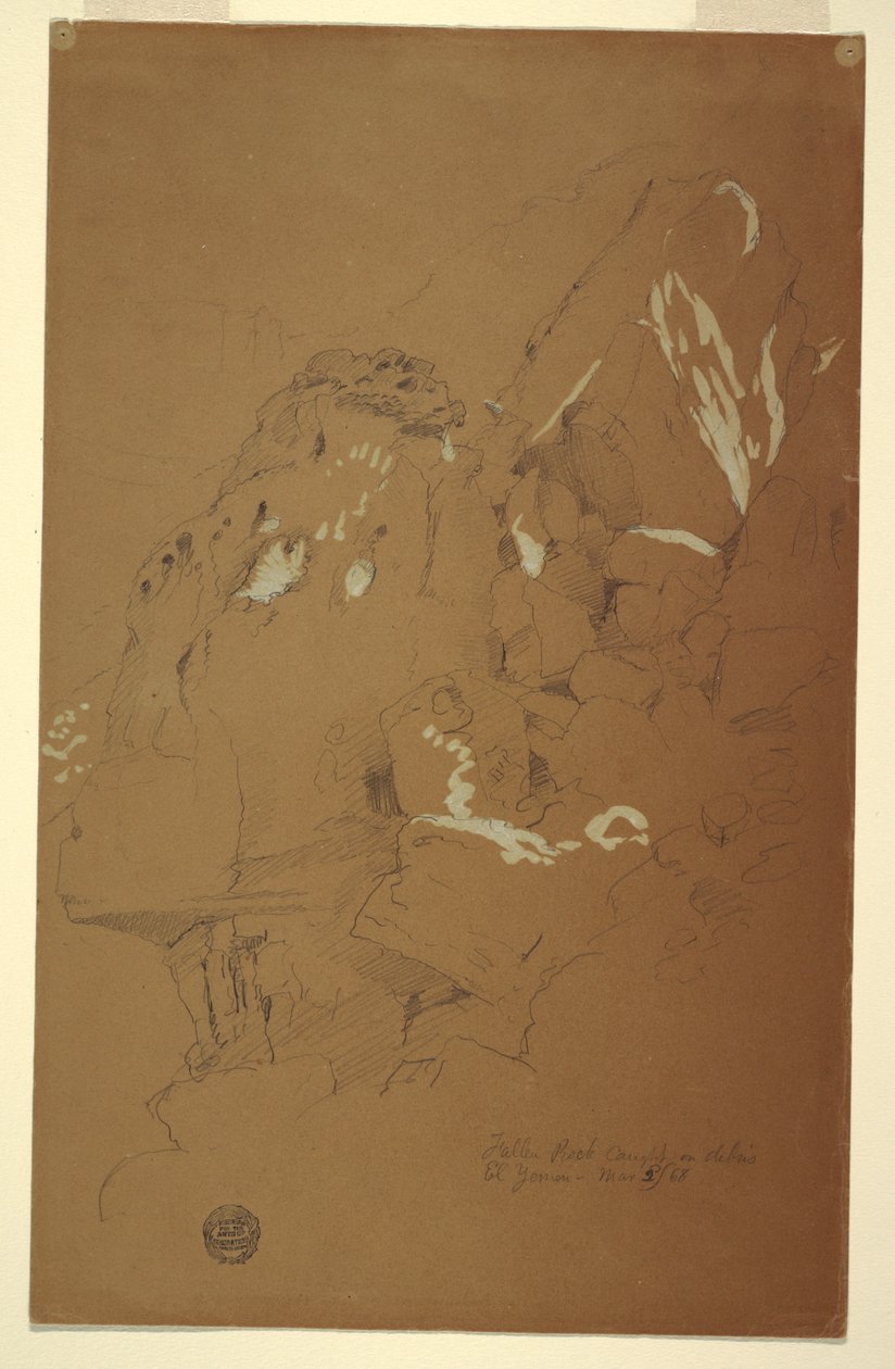 Tegning, nedfalden sten fanget på murbrokker, El Yemen, 2. marts 1868 af Frederic Edwin Church
