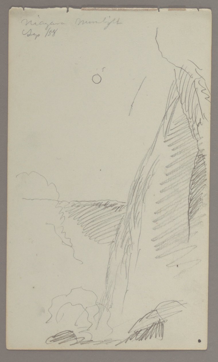 Tegning, vandfald i måneskin, 1858 af Frederic Edwin Church