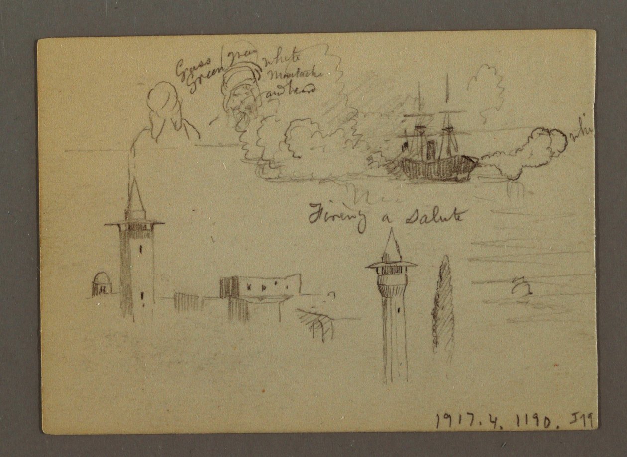 Tegning, figurstudier, sejlskib, regnbue, muligvis 1868 af Frederic Edwin Church