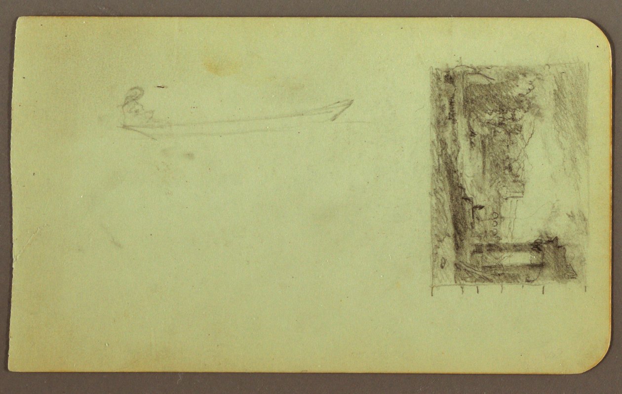Tegning, figur i jolle, skitse til et maleri; bagside: inskriptioner, december 1883 af Frederic Edwin Church