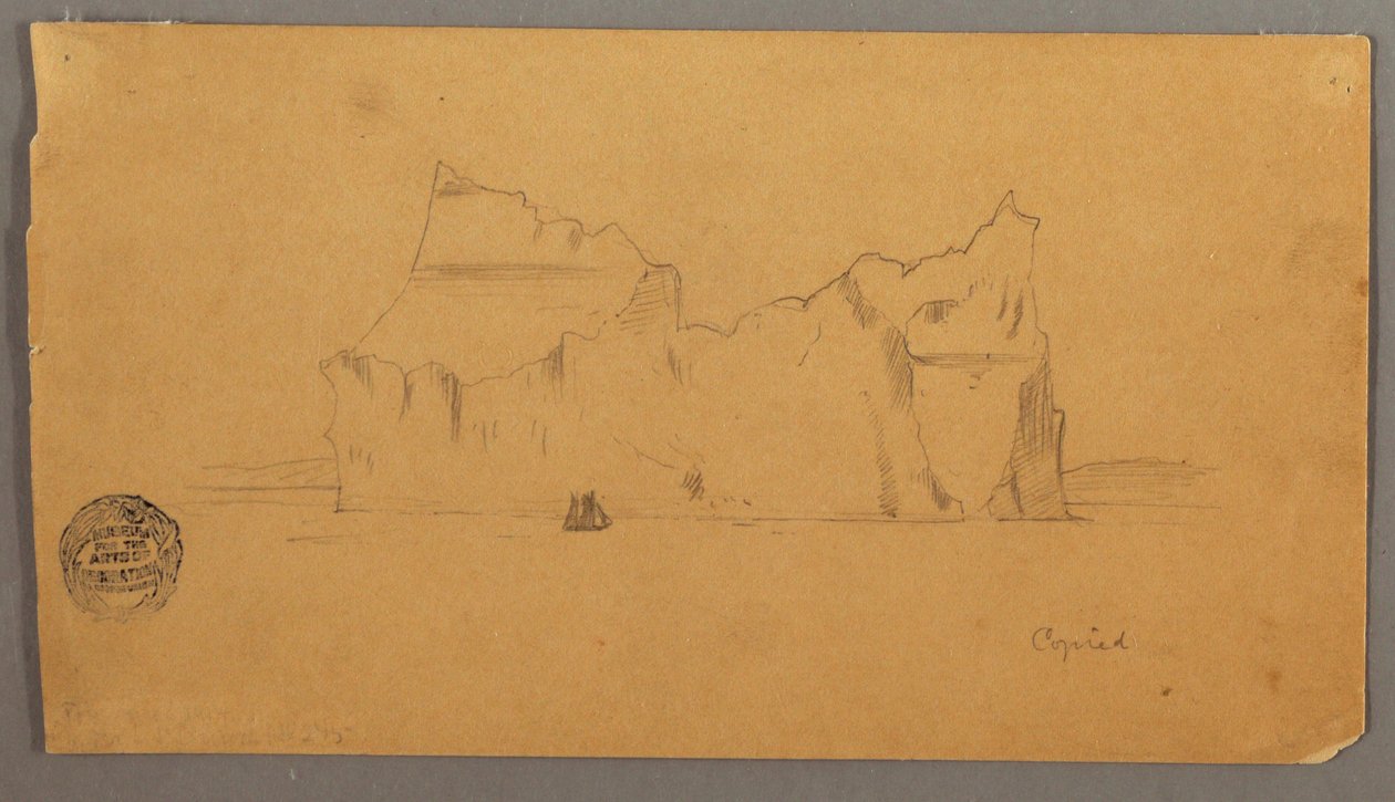 Tegning, flydende isbjerg med sejlbåd, muligvis 1859 af Frederic Edwin Church