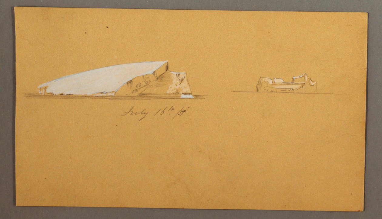 Tegning, flydende isbjerge, 16. juli 1859 af Frederic Edwin Church
