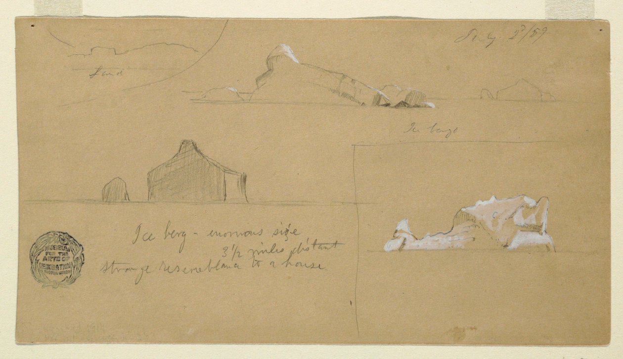 Tegning, flydende isbjerge, 2. juli 1859 af Frederic Edwin Church