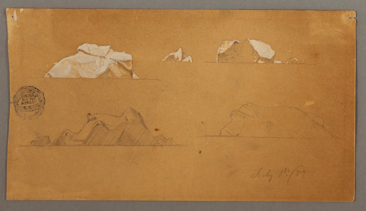 Tegning, flydende isbjerge, 5. juli 1859 af Frederic Edwin Church