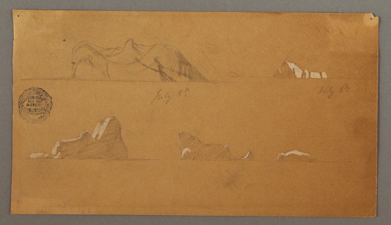 Tegning, flydende isbjerge, 5. og 6. juli 1859 af Frederic Edwin Church