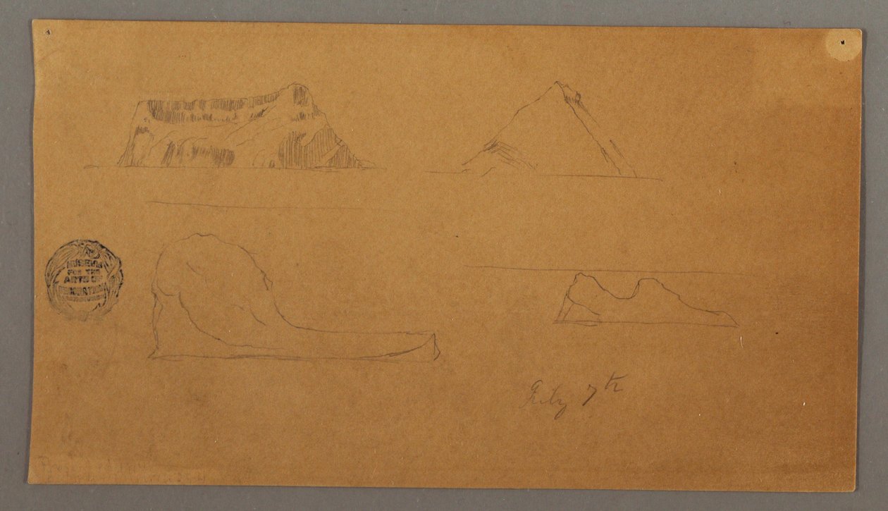 Tegning, flydende isbjerge, 7. juli 1859 af Frederic Edwin Church