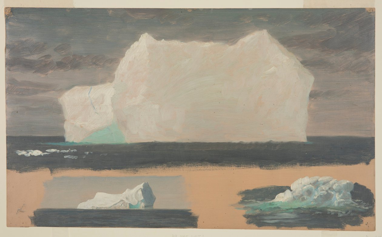 Tegning, flydende isbjerge nær Twillingate, Newfoundland, 4. juli 1859 af Frederic Edwin Church