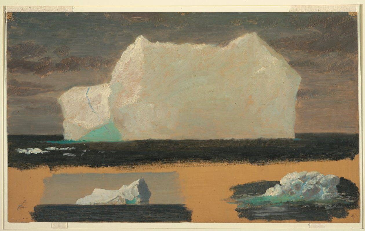Tegning, flydende isbjerge nær Twillingate, Newfoundland, 4. juli 1859 af Frederic Edwin Church