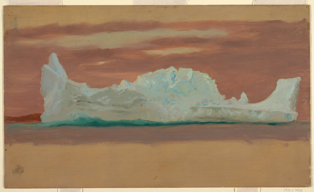 Tegning, flydende isbjerge under overskyet himmel, Newfoundland, juli 1859 af Frederic Edwin Church