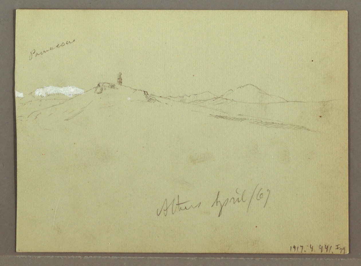 Tegning, Fåreflok og hyrde, snedækkede bjergkæder, april 1869 af Frederic Edwin Church